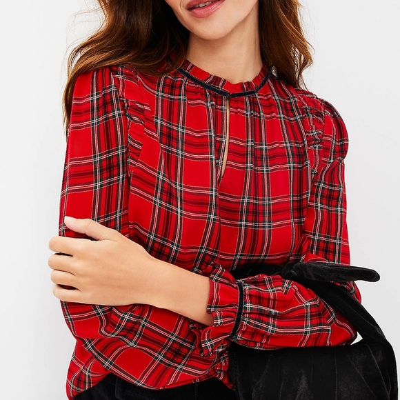 Petite Red Plaid Ruched Ruffle Neck Blouse Christmas Blouse - Picture 2 of 3